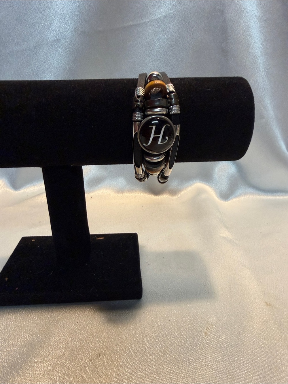 YIK FUNG H Initial Black and Silver Leather Wrap Bracelet